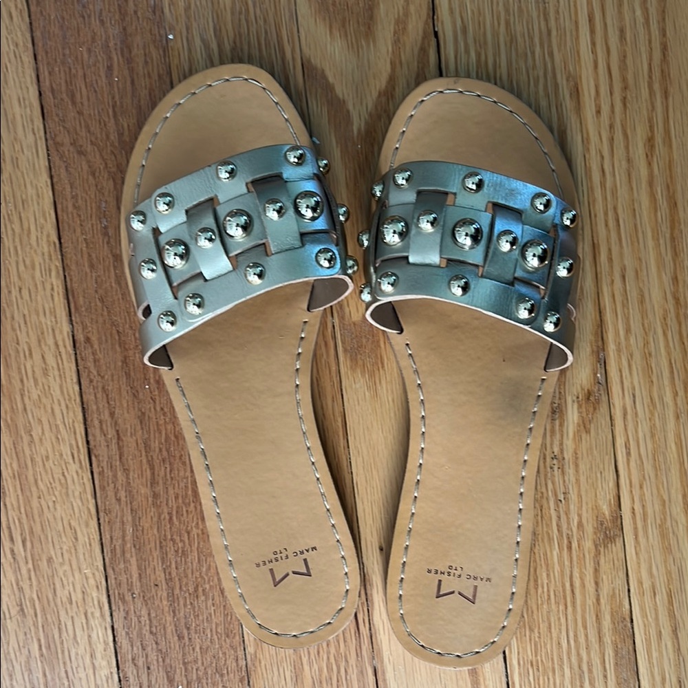 Marc Fisher Gold Tan Studded Slide Sandals